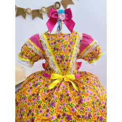 Vestido Infantil Junino Festas Amarelo Colorido Florzinhas