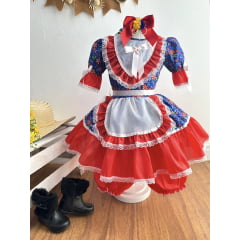 Vestido Infantil Junino Festas Azul Estampa de Florzinhas