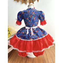 Vestido Infantil Junino Festas Azul Estampa de Florzinhas