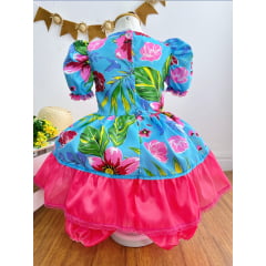 Vestido Infantil Junino Festas Azul Florzinhas Coloridas