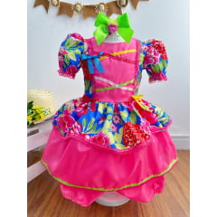 Vestido Infantil Junino Festas Rosa Chiclete Florido