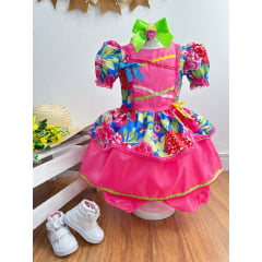 Vestido Infantil Junino Festas Rosa Chiclete Florido