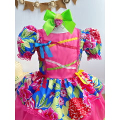 Vestido Infantil Junino Festas Rosa Chiclete Florido