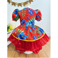 Vestido Infantil Junino Festas Vermelho Florzinhas Coloridas