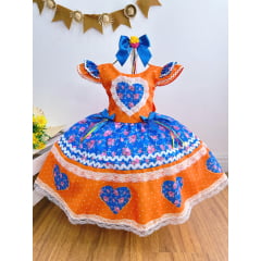 Vestido Infantil Junino Laranja Colorido Luxo Festas
