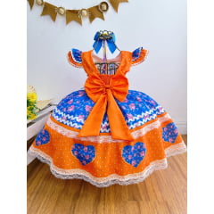 Vestido Infantil Junino Laranja Colorido Luxo Festas