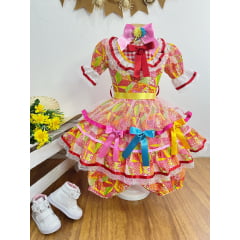 Vestido Infantil Junino Laranja Com Estampa Colorida Festas