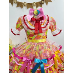 Vestido Infantil Junino Laranja Com Estampa Colorida Festas