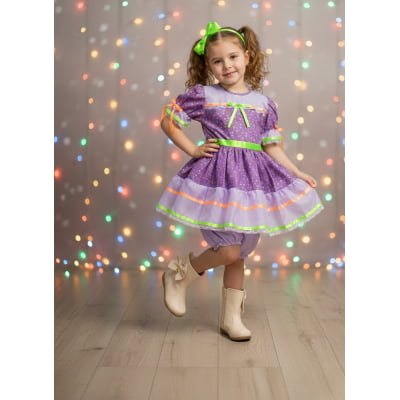 Vestido Infantil Junino Lilás Com Estampa Florzinhas Festas