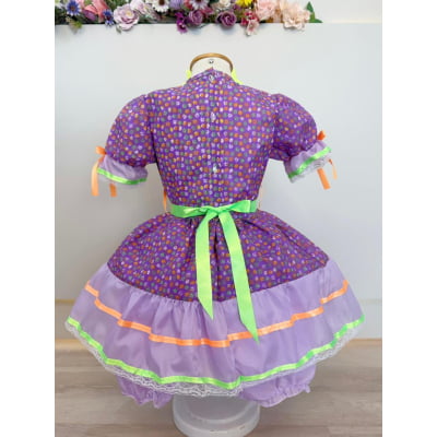 Vestido Infantil Junino Lilás Com Estampa Florzinhas Festas