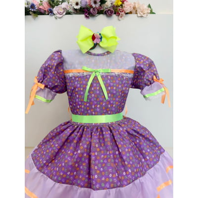 Vestido Infantil Junino Lilás Com Estampa Florzinhas Festas