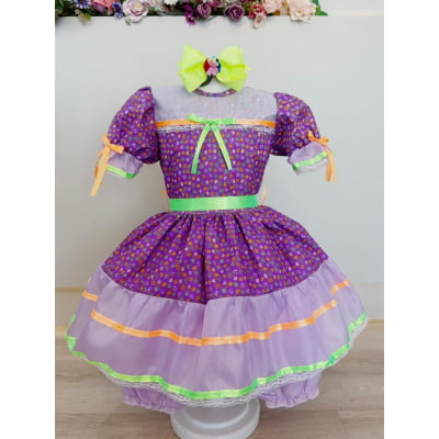 Vestido Infantil Junino Lilás Com Estampa Florzinhas Festas