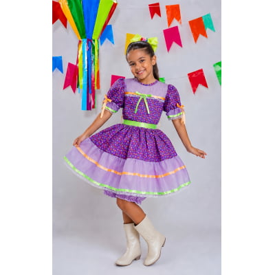 Vestido Infantil Junino Lilás Com Estampa Florzinhas Festas