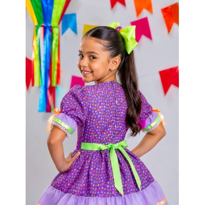 Vestido Infantil Junino Lilás Com Estampa Florzinhas Festas