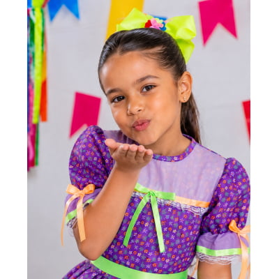Vestido Infantil Junino Lilás Com Estampa Florzinhas Festas