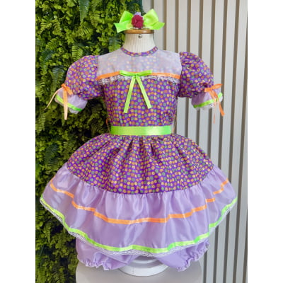 Vestido Infantil Junino Lilás Com Estampa Florzinhas Festas