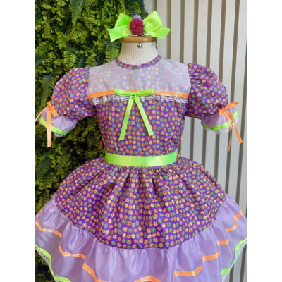 Vestido Infantil Junino Lilás Com Estampa Florzinhas Festas