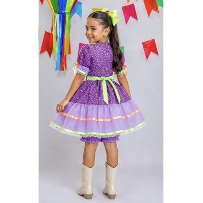 Vestido Infantil Junino Lilás Com Estampa Florzinhas Festas