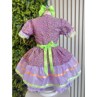 Vestido Infantil Junino Lilás Com Estampa Florzinhas Festas