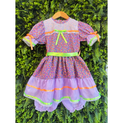 Vestido Infantil Junino Lilás Com Estampa Florzinhas Festas