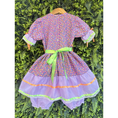 Vestido Infantil Junino Lilás Com Estampa Florzinhas Festas