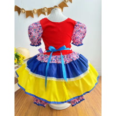 Fantasia Infantil Junino Lilás e Azul Com Flores Coloridas