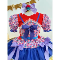 Fantasia Infantil Junino Lilás e Azul Com Flores Coloridas