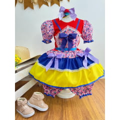 Fantasia Infantil Junino Lilás e Azul Com Flores Coloridas