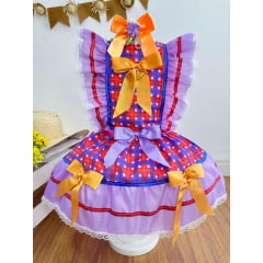 Vestido Infantil Junino Lilás Xadrez Colorido Festas