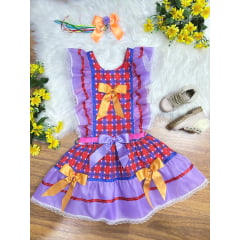 Vestido Infantil Junino Lilás Xadrez Colorido Festas
