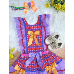 Vestido Infantil Junino Lilás Xadrez Colorido Festas