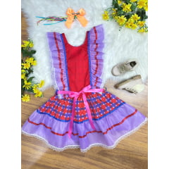 Vestido Infantil Junino Lilás Xadrez Colorido Festas