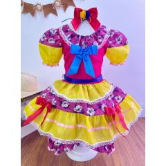 Vestido Infantil Junino Pink e Amarelo Colorido Florido