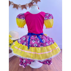 Vestido Infantil Junino Pink e Amarelo Colorido Florido