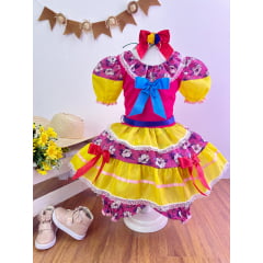 Vestido Infantil Junino Pink e Amarelo Colorido Florido