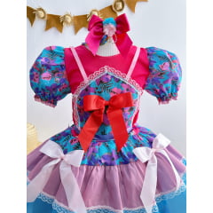 Fantasia Infantil Junino Pink e Azul Com Flores Coloridas