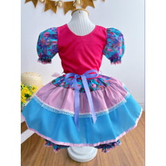Fantasia Infantil Junino Pink e Azul Com Flores Coloridas