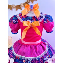 Vestido Infantil Junino Pink e Lilás Colorido Florido