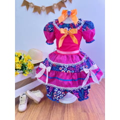 Vestido Infantil Junino Pink e Lilás Colorido Florido