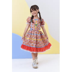 Fantasia Infantil Junino Rosa C/ Desenho de Florzinhas Luxo