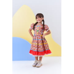 Fantasia Infantil Junino Rosa C/ Desenho de Florzinhas Luxo