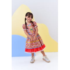 Fantasia Infantil Junino Rosa C/ Desenho de Florzinhas Luxo