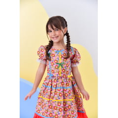 Fantasia Infantil Junino Rosa C/ Desenho de Florzinhas Luxo