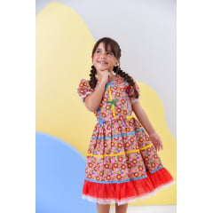 Fantasia Infantil Junino Rosa C/ Desenho de Florzinhas Luxo