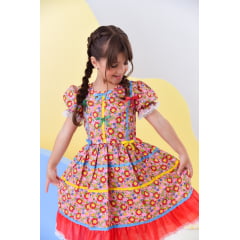 Fantasia Infantil Junino Rosa C/ Desenho de Florzinhas Luxo