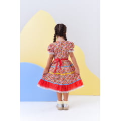 Fantasia Infantil Junino Rosa C/ Desenho de Florzinhas Luxo