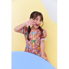 Fantasia Infantil Junino Rosa C/ Desenho de Florzinhas Luxo
