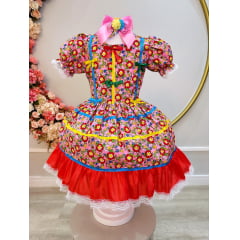 Fantasia Infantil Junino Rosa C/ Desenho de Florzinhas Luxo