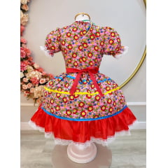 Fantasia Infantil Junino Rosa C/ Desenho de Florzinhas Luxo
