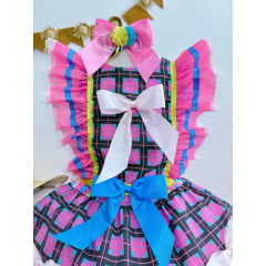 Fantasia Infantil Junino Rosa Chiclete Xadrez Colorido Festas
